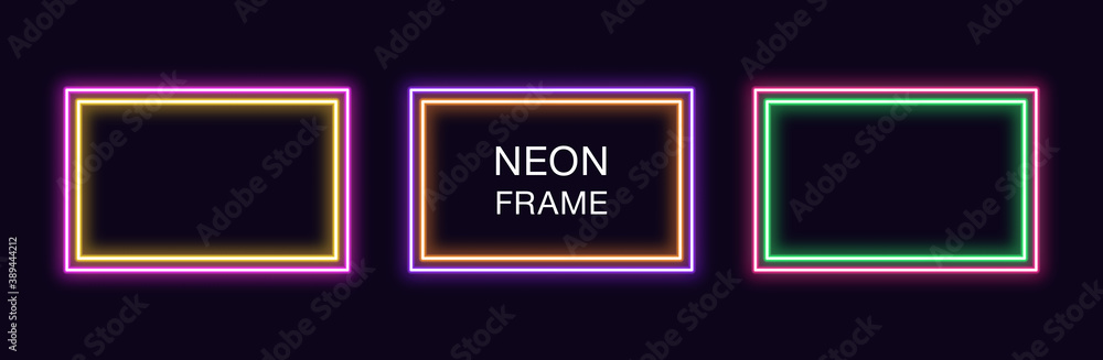 Poster neon rectangle frame. set of rectangular neon border with double outline. vector geometric shape
