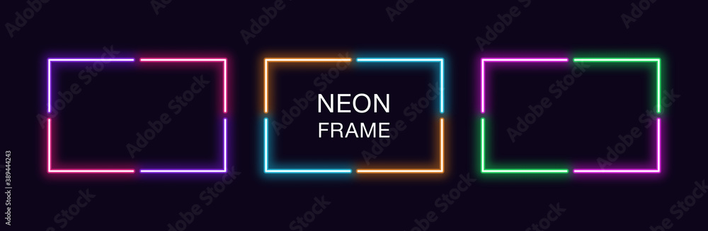Poster neon rectangle frame. set of rectangular neon border in 4 angular parts. vector geometric shape