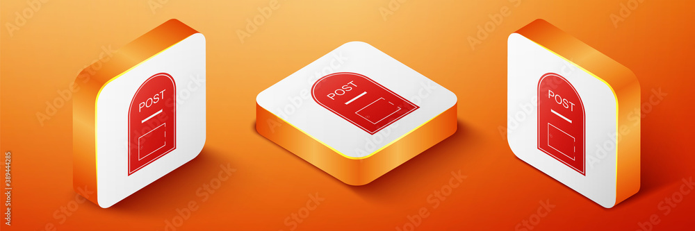 Poster Isometric Mail box icon. Post box icon isolated on orange background. Orange square button. Vector.