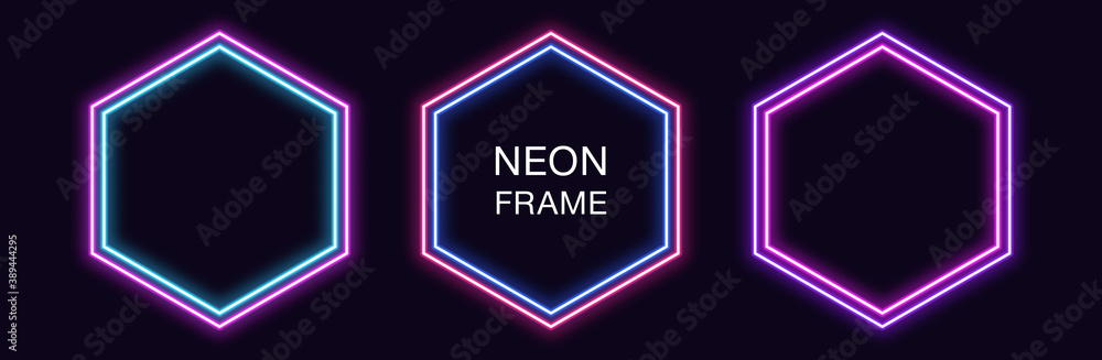 Poster neon hexagon frame. set of hexagonal neon border with double outline. geometric shape