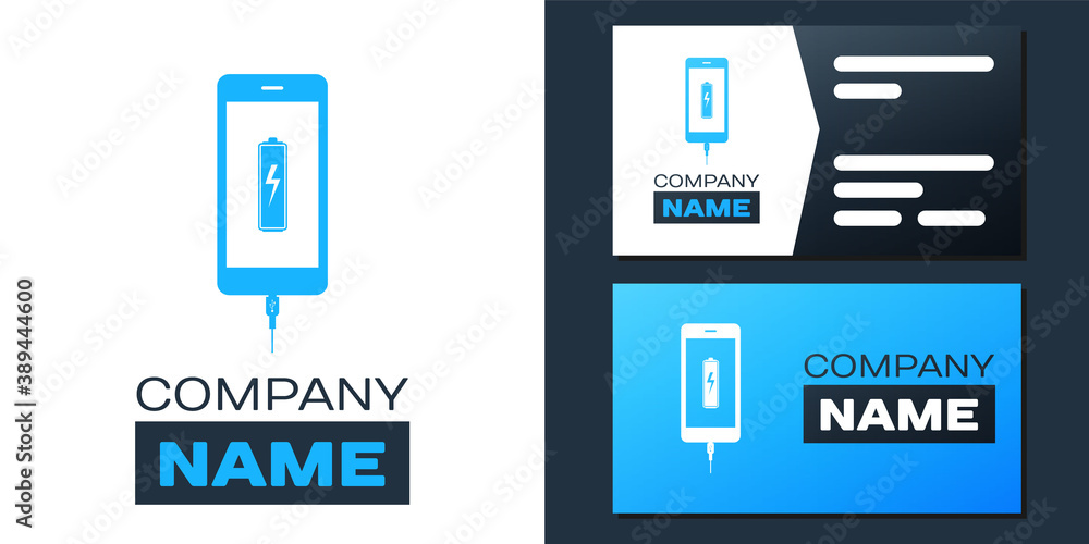 Poster logotype smartphone battery charge icon isolated on white background. phone with a low battery charg