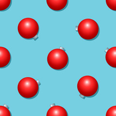 Christmas seamless pattern with red balls on light blue background. 3d object, shadow, minimalistic design. Realistic vector print, new year, winter holidays, celebration illustration, gift wrapper.
