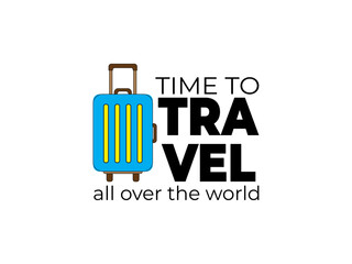 Time to Travel all over the world. Blue baggage. Vector isolated illustration on white background