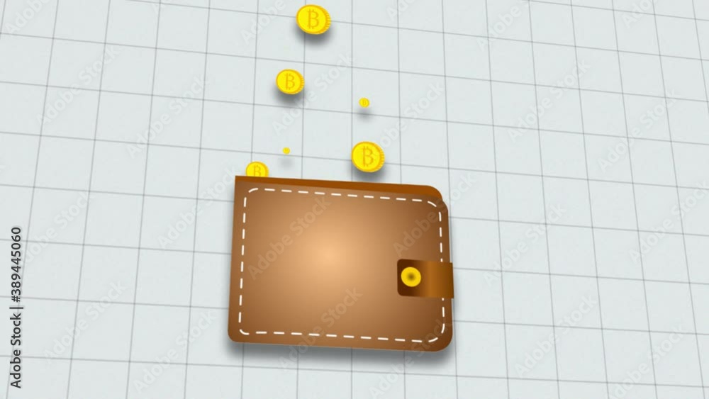 Poster drawn bitcoin coins being poured out of wallet. abstract animation of bitcoin currency sign in digit