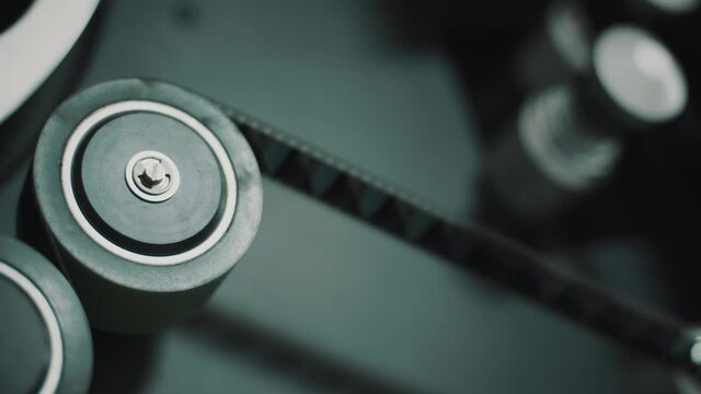 Close up of 16 mm film reel on a projector.