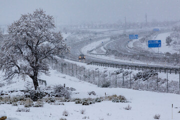 Snowy highway in the province of Teruel (Spain).