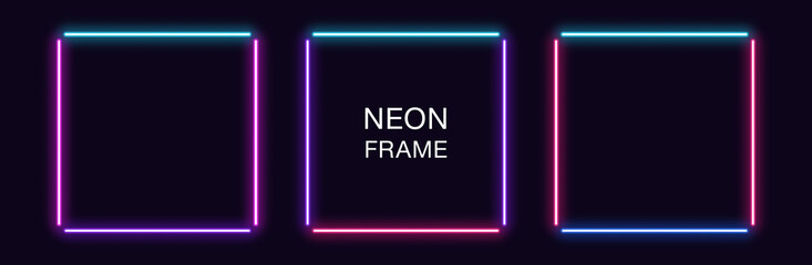Neon square Frame. Set of quadrate neon Border in 4 outline parts. Geometric shape