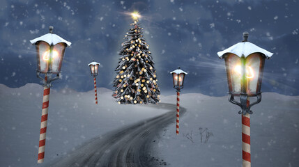 christmas tree lantern north pole christmas road on snow