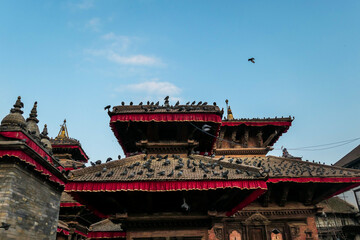 Fototapeta premium The rooftops of Durbar Square in Kathmandu, Nepal. There are plenty of pigeons flying around, and sitting on the rooftops. Each rooftop is ornated with red and golden ribbon. UNESCO heritage list.