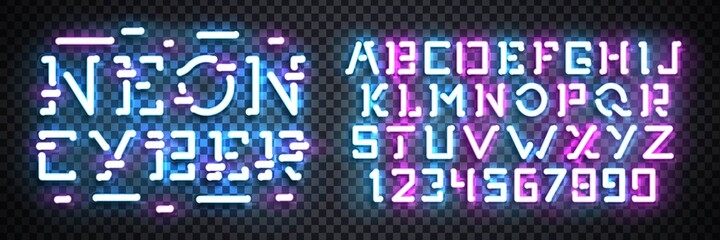 Vector realistic isolated neon sign of Cyber Neon alphabet font for template decoration and invitation covering on the transparent background. Concept of cyberpunk and matrix.