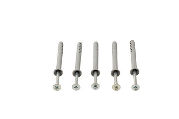 Close up view of plastic dowel screws isolated on white background.