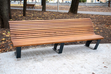Wooden bench in the city park. Recreation area in the city.