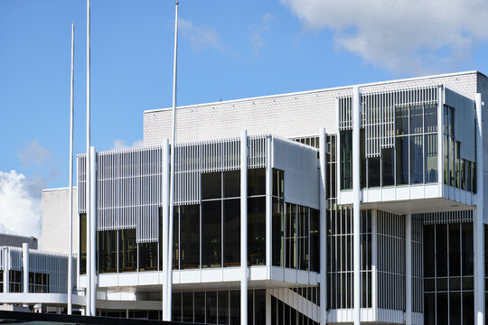 Espoo, Finland - July 12, 2020: The building facade of Espoo Cultural Centre, architect Arto Sipinen, 1989