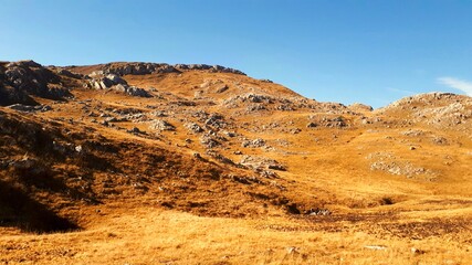 Autumn in the mountains with panorama of blue sky