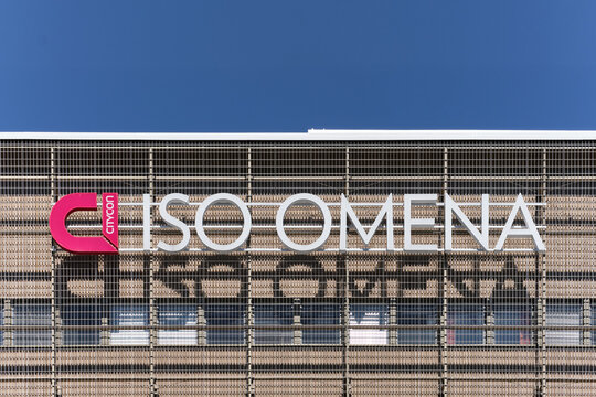 Espoo, Finland - July 12, 2020: Signboard of Iso Omena Shopping mall on the facade of the building.