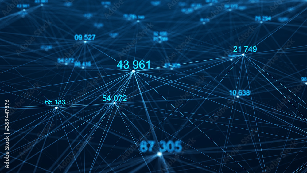 Poster flying connected numbers on black background. digital illustration. network. computer code. 3d rende