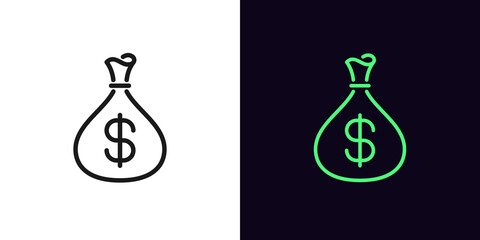 Outline money bag icon. Linear income sign with editable stroke, pouch with dollar