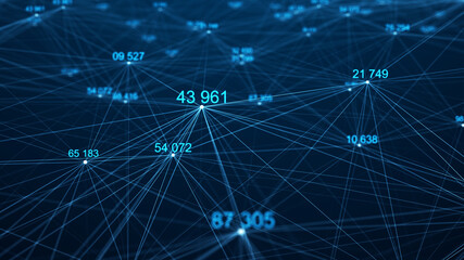 Flying connected numbers on black background. Digital illustration. Network. Computer code. 3d rendering.