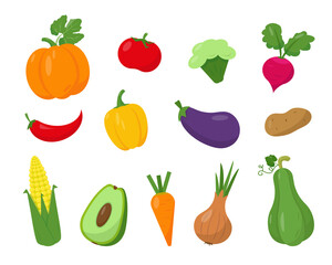 Collection of bright vegetables on white background.