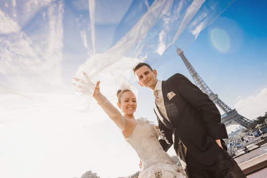 beautiful wedding couple in paris - romantic honeymoon