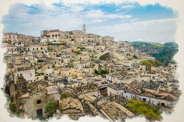 Fototapeta na wymiar Watercolor drawing of Matera panoramic view of historical centre Sasso Caveoso of old ancient town Sassi di Matera with rock cave houses, UNESCO World Heritage Site, Basilicata, Southern Italy