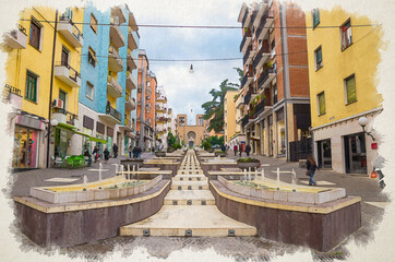 Fototapeta na wymiar Watercolor drawing of Cosenza with modern stairs street via Arabia with fountains, multicolored buildings and church of Parrocchia Teresa del Bambino Gesu, Calabria