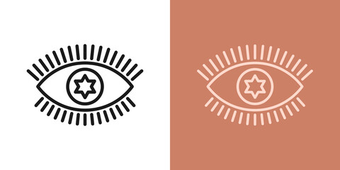 Outline magic eye icon with editable stroke. Linear eye sign with starry iris, spiritual vision