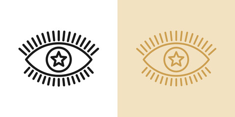 Outline magic eye icon with editable stroke. Linear eye sign with star iris, spiritual vision