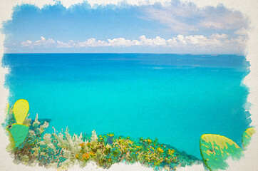 Watercolor drawing of Aerial view of beautiful amazing Tyrrhenian sea with turquoise water, tropical seascape, endless horizon with blue sky, cactus in foregrond, Tropea, Calabria, Southern Italy