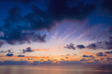 Watercolor drawing of Aerial view of amazing sea sunset, sunshine rays, seascape, horizon skyline, color dramatic sky, clouds and volcano hill mountain island Stromboli, Tropea, Calabria, Italy