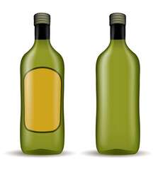 Realistic glass oil bottle with screw cap, with and without empty label isolated on white background
