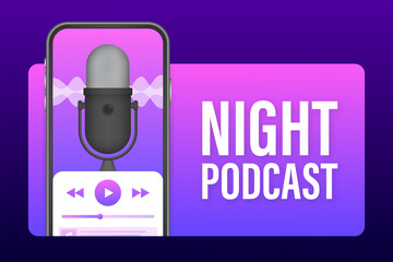 Night Podcast on smatrphone screen, vector symbol in flat isometric style isolated on color background. Vector stock illustration.