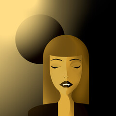 
vampire, woman wearing it, black and gold moon landscape
