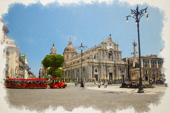 Watercolor drawing of Elephant Statue fountain, Cathedral of Santa Agatha, touristic red train and walking people on Piazza del Duomo square in Catania city centre, Sicily, Italy