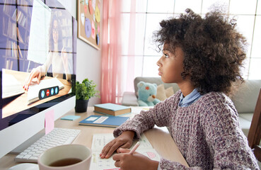 Smart small african school child girl online learning with online remote teacher or web tutor...