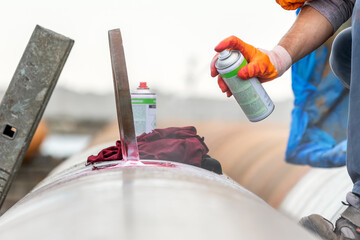 View of the dye penetrant inspection, also called liquid penetrate inspection or penetrant testing...