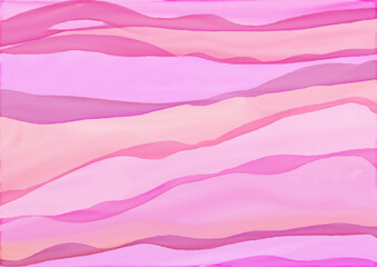 Colorful watercolor background of abstract wavy lines in flowing bright pastel colors of pink orange and purple, waves of soft blurred textured striped colors