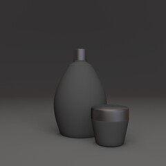 Bottles on black background. Modern cover design. Collection of blank template of plastic container. 3d illustration.