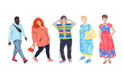 Set of illustrations funny standing people, 4 women and 1 black man