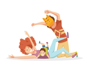Cheerful young family with kids laughing and have a fun together, parents with children enjoying playing games at home. Father in fox mask.