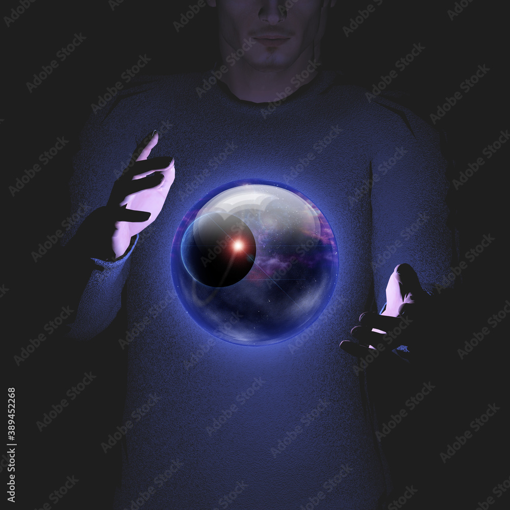 Poster man holds planet and space in sphere between his hands. 3d rendering