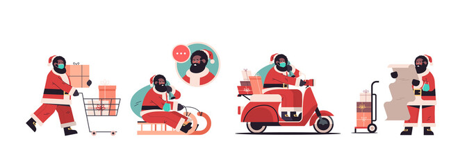 set african american santa claus delivering gifts merry christmas happy new year holidays celebration concept horizontal full length vector illustration