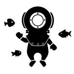 Black silhouette of a diver in an old suit with fishes. Flat design for poster or t-shirt. Vector illustration