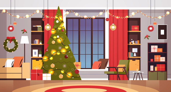 living room with decorated fir tree and garlands for new year christmas holidays celebration concept home interior horizontal vector illustration