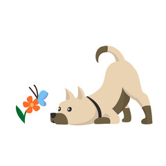 Illustration of a cute little dog with flowers and butterflies. Print for clothes or childrens room.