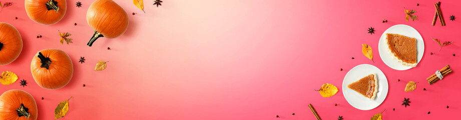 Pumpkin pie with autumn pumpkins - overhead view