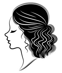 Silhouette of a profile of a sweet lady's head. A girl shows a female tail-hairstyle on medium and long hair. Suitable for logo, advertising. Vector illustration.