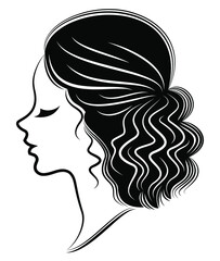 Silhouette of a profile of a sweet lady's head. A girl shows a female tail-hairstyle on medium and long hair. Suitable for logo, advertising. Vector illustration.