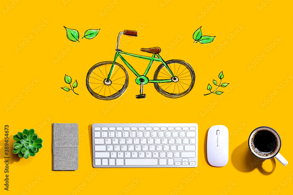 Poster eco bicycle with a computer keyboard and a mouse
