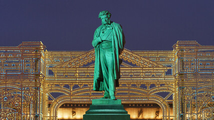 Photography of a bronze statue of russian poet Alexander Sergeyevich Pushkin in Moscow Pushkinskaya...